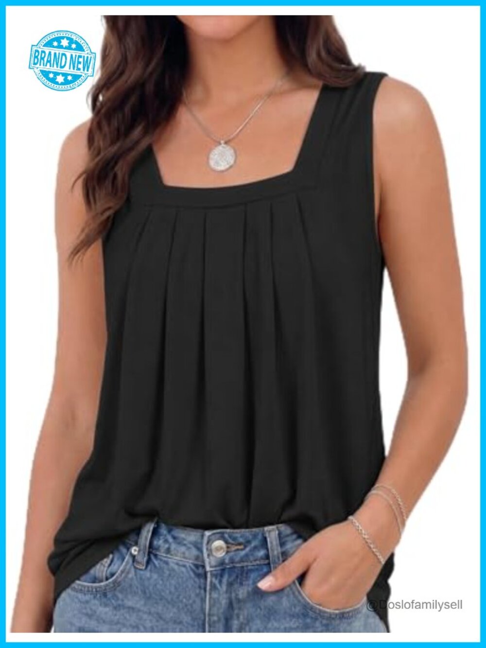 Womens Square Neck Pleated Tank Top Sleeveless Regular Fit Flowy Casual